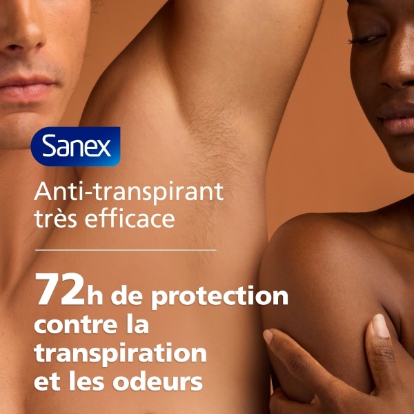 Sanex Anti-transpirant 72h protection transpiration et odeurs sur deux personnes aux peaux différentes.