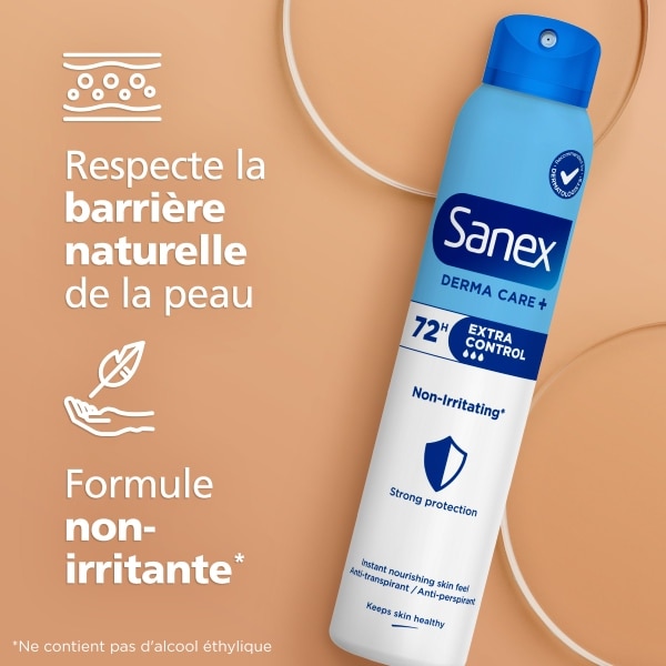Spray Sanex Derma Care+ Extra Control 72h respectant la barrière cutanée avec formule non-irritante.
